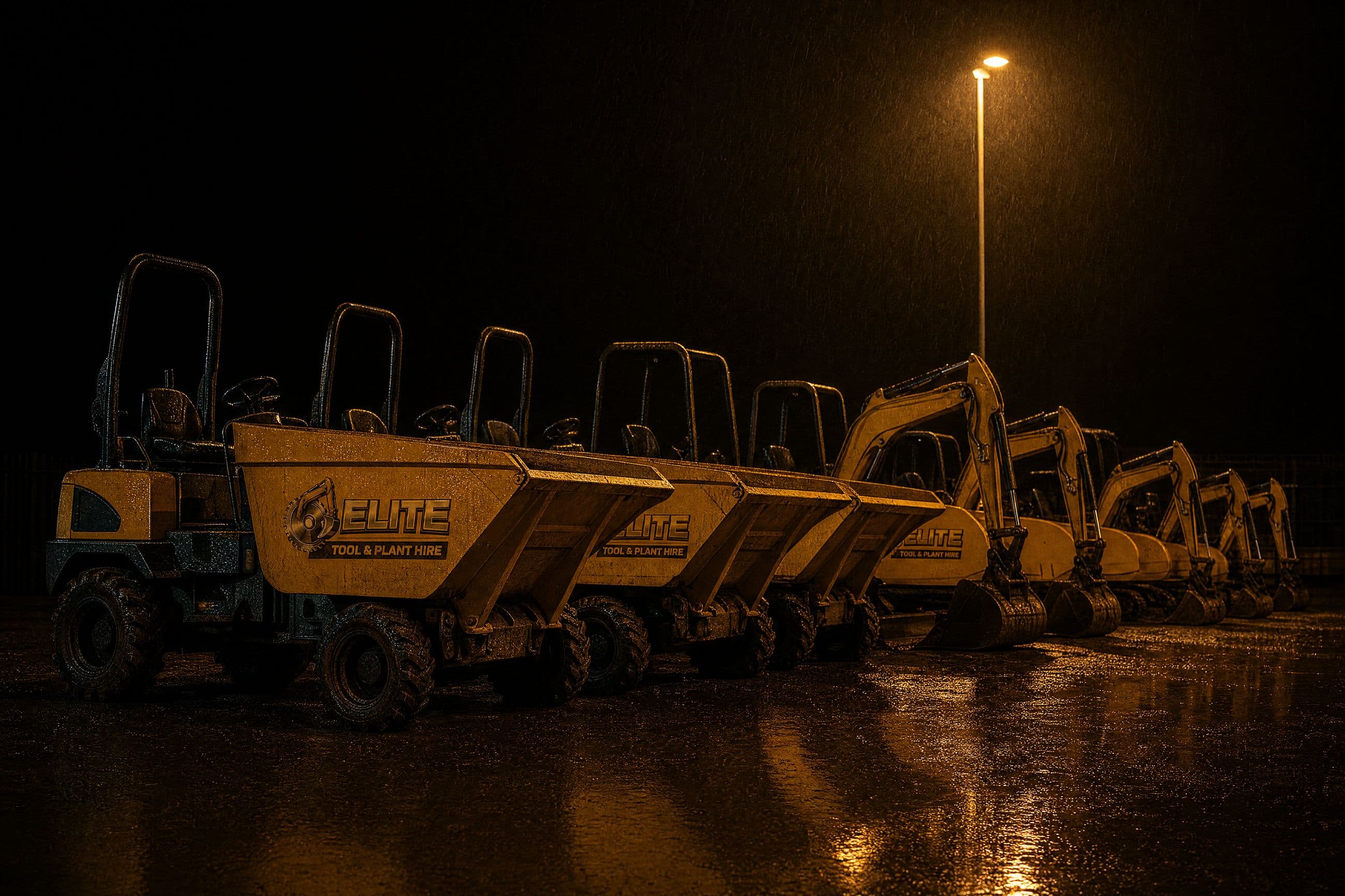 Elite branded dumpers and excavators lined up in the yard at night