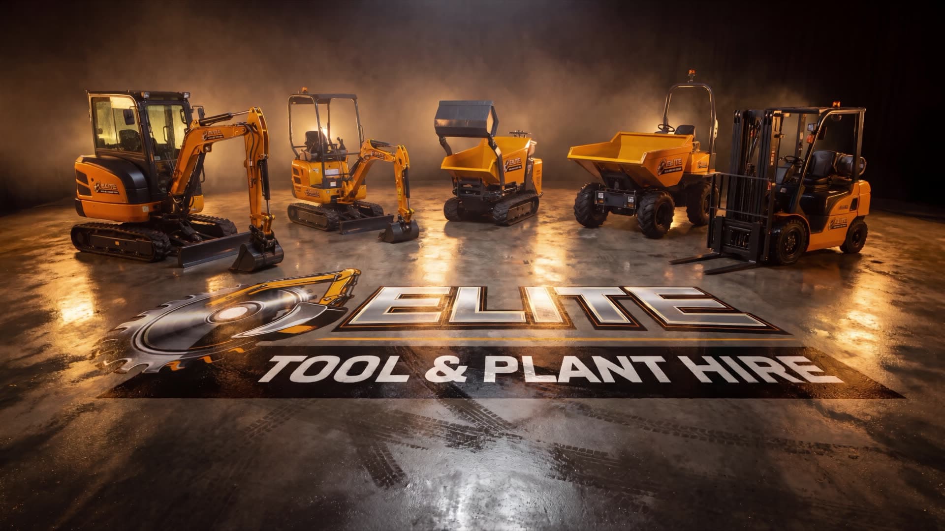 Elite Tool & Plant Hire machines arranged around the company logo